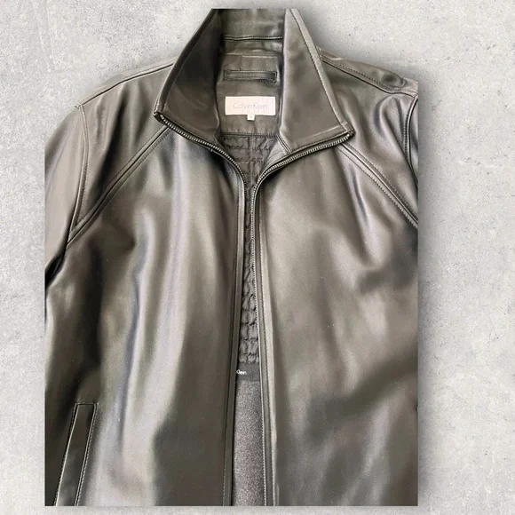 Calvin Klein Men's Genuine Black Leather Jacket, Medium (never worn)